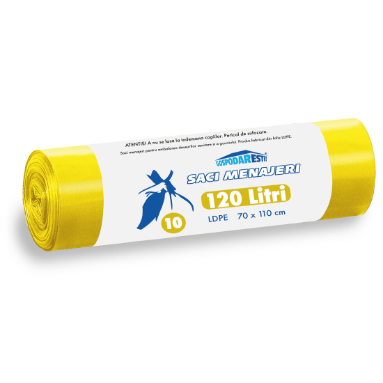 Saci menajeri ultrarezistenti,120 Litri, 10 bucati LDPE, GALBENI